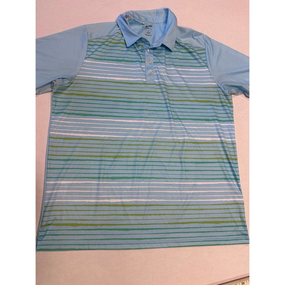 Adidas Golf Polo Shirt Mens 2XL Blue Green Stripe Climacool Short Sleeve Stretch - Picture 1 of 4